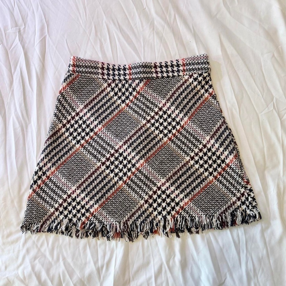 Princess Polly Schoolgirl Plaid Mini Skirt Black Cream Rust Fringed Hem Size 8